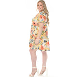 Women's  V-Neck Vintage Floral Short Sleeve Dress - Yellow - Plus