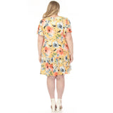 Women's  V-Neck Vintage Floral Short Sleeve Dress - Yellow - Plus