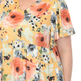 Women's  V-Neck Vintage Floral Short Sleeve Dress - Yellow - Plus