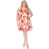 Women's  V-Neck Vintage Floral Short Sleeve Dress - Red - Plus