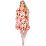 Women's  V-Neck Vintage Floral Short Sleeve Dress - Red - Plus