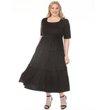 Women's  Square Neck Short Sleeve Tiered Dress - Black - Plus