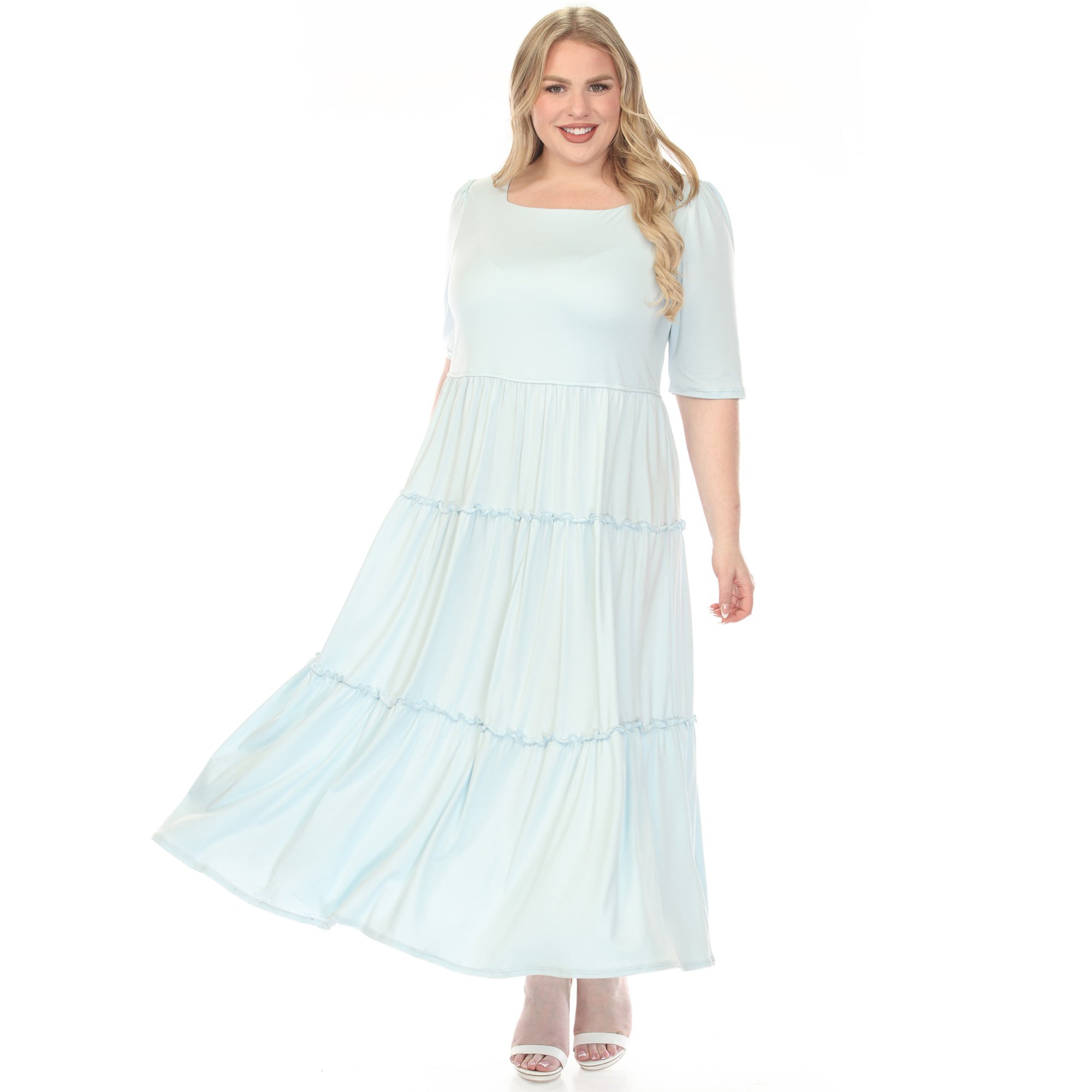 Women's Plus Size Square Neck Short Sleeve Tiered Dress Dusty Blue 3X -White Mark Women's Plus Size Square Neck Short Sleeve Tiered Dress Dusty Blue 3X -White Mark