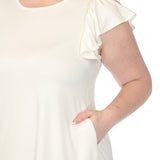 Women's  Crew Neck Ruffle Sleeve Dress - Off White - Plus