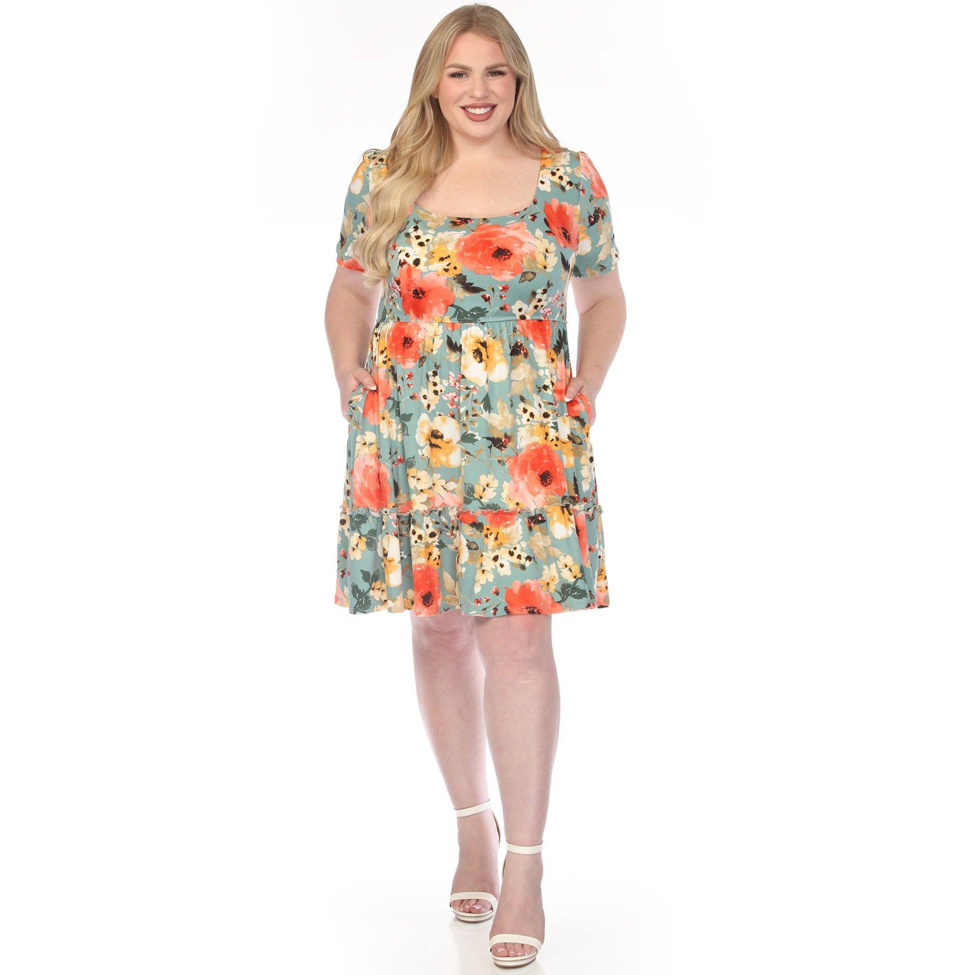 Women's  Square Neck Short Sleeve Floral Dress