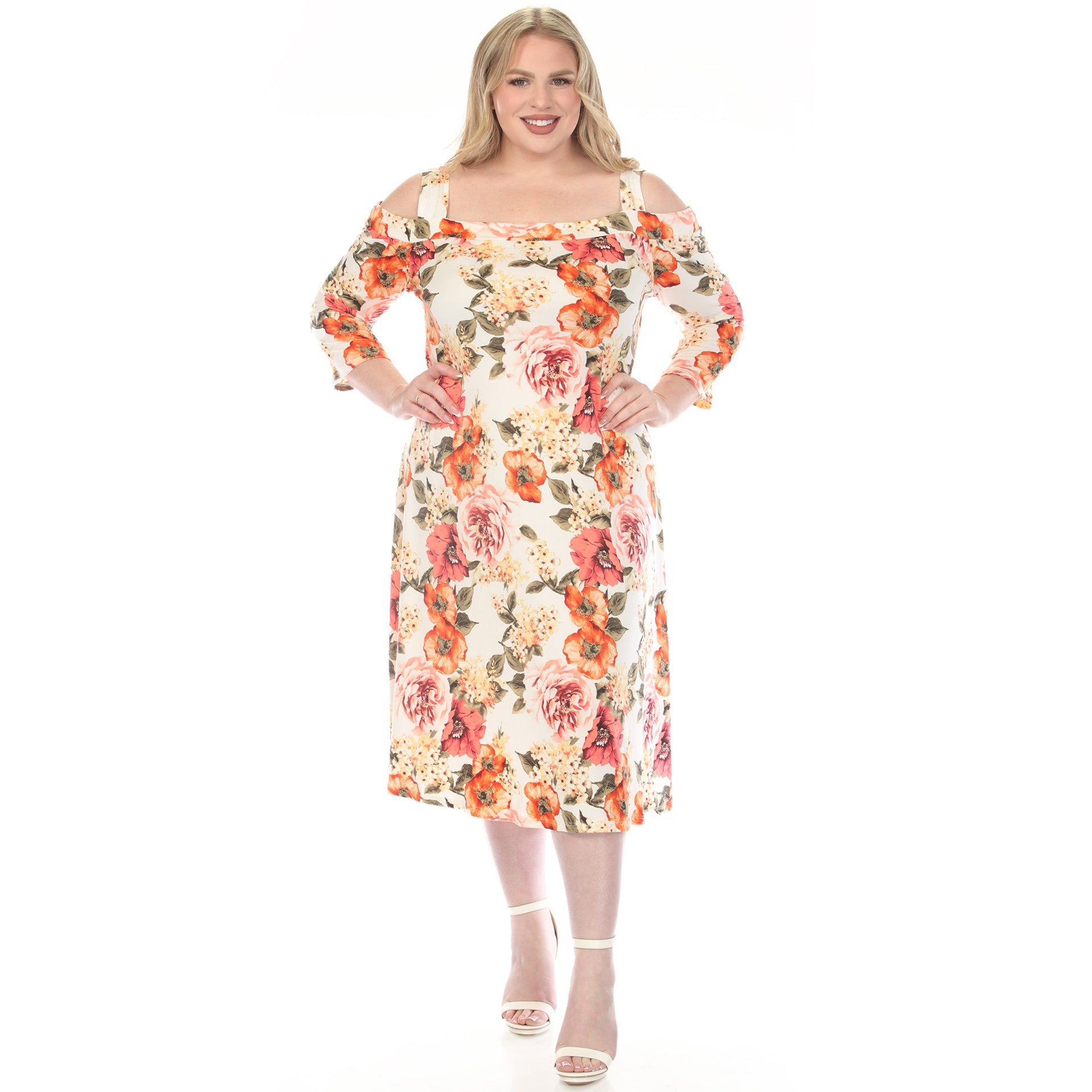 knee length dresses for ladies Plus Size Cold Shoulder Formal Bridesmaid Dress with Flare Sleeves