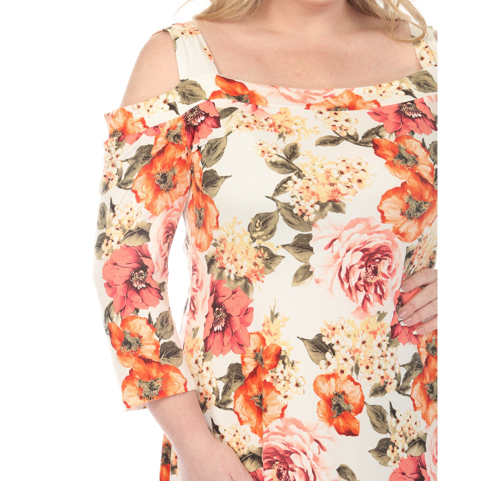 Women's Cold Shoulder 3/4 Sleeve Dress - Ivory Orange