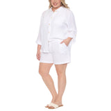 Plus Size Gauze Button-Front Shirt & Shorts Set - White - Plus