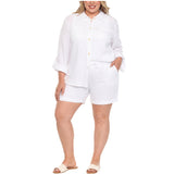 Plus Size Gauze Button-Front Shirt & Shorts Set - White - Plus