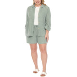 Plus Size Gauze Button-Front Shirt & Shorts Set - Olive - Plus