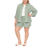 Plus Size Gauze Button-Front Shirt & Shorts Set - Olive - Plus