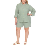 Plus Size Gauze Button-Front Shirt & Shorts Set - Olive - Plus