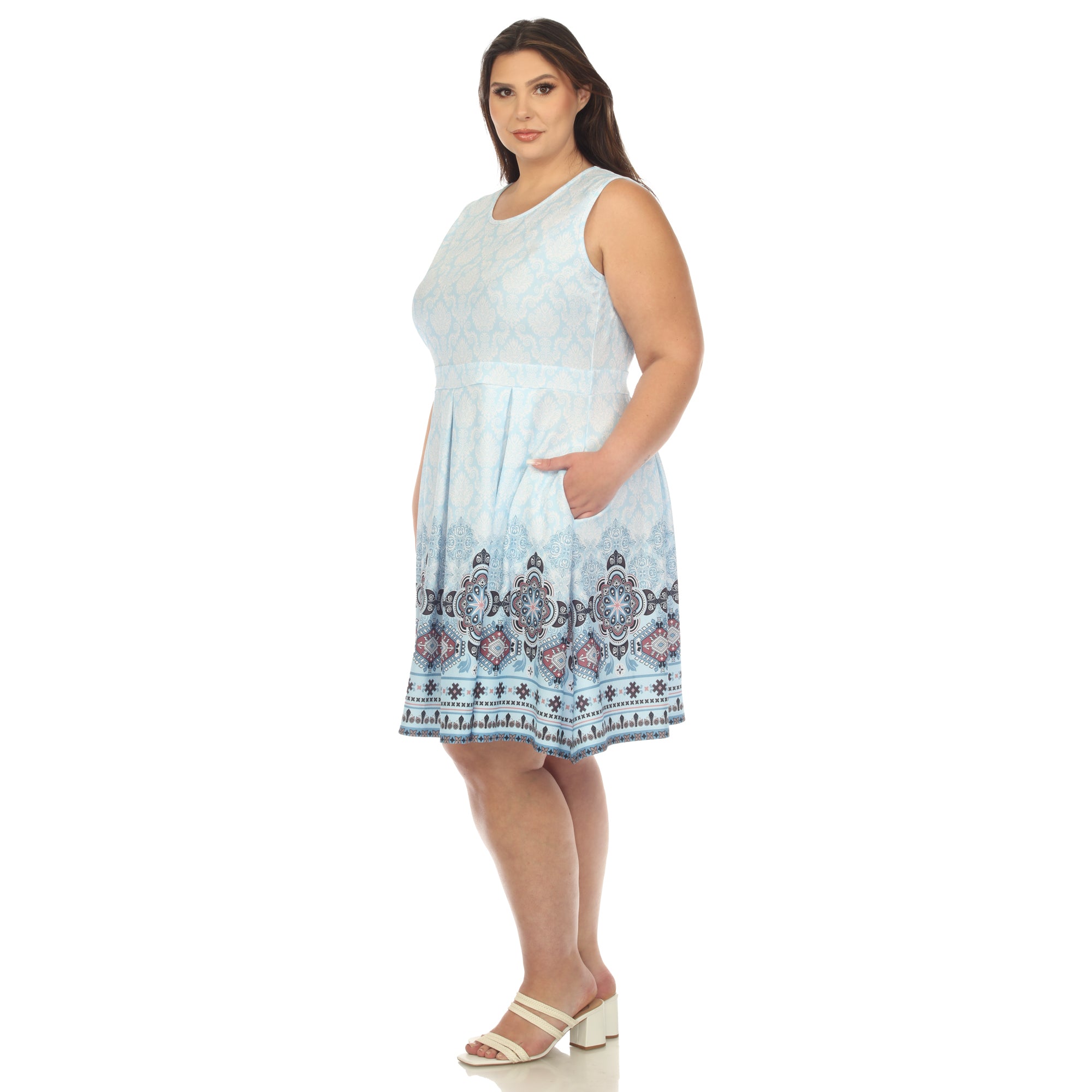 Blue Border Print Fit and Flare Knee Length Dress