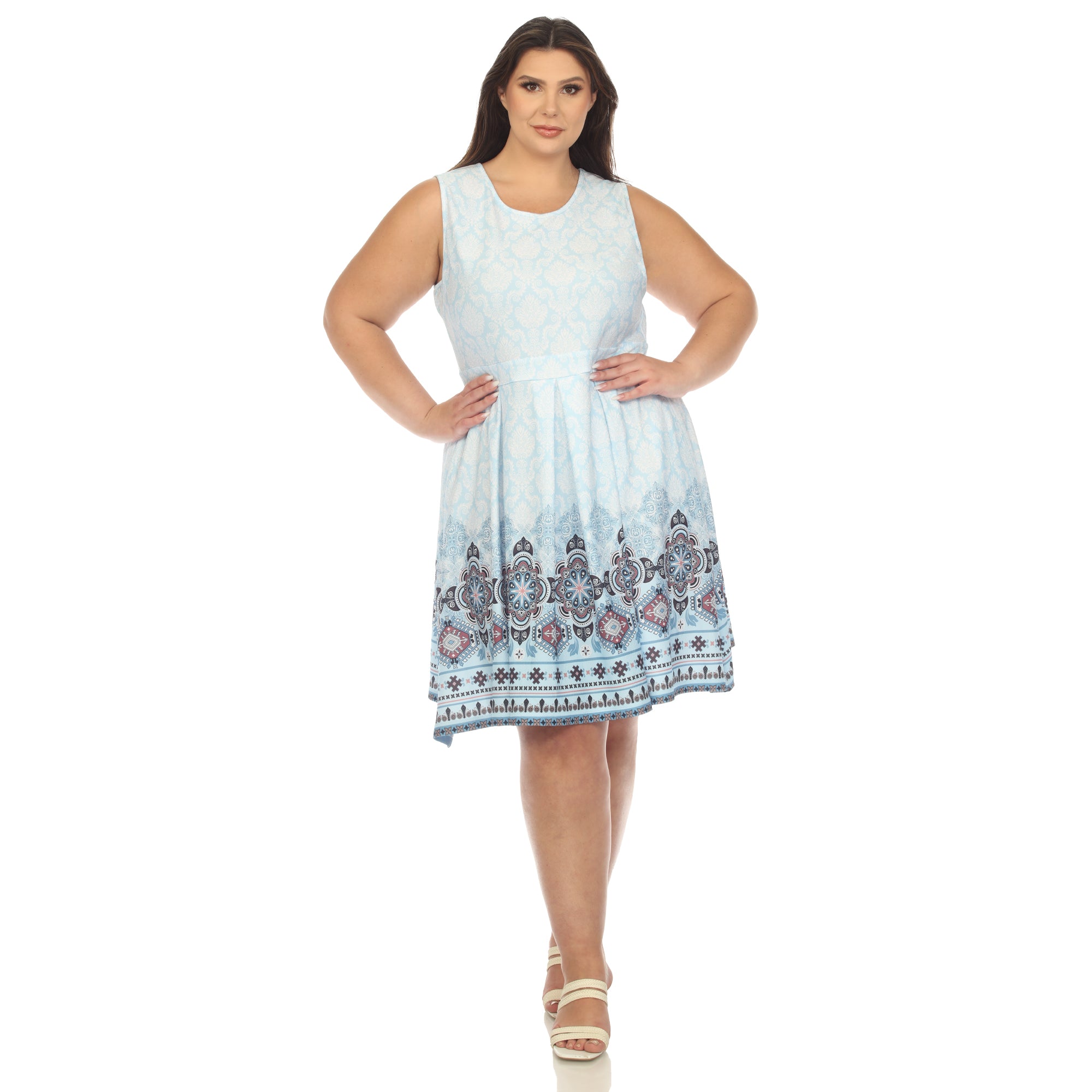 Blue Border Print Fit and Flare Knee Length Dress - Plus Blue / 3X Blue Border Print Fit and Flare Knee Length Dress - Plus Blue / 3X