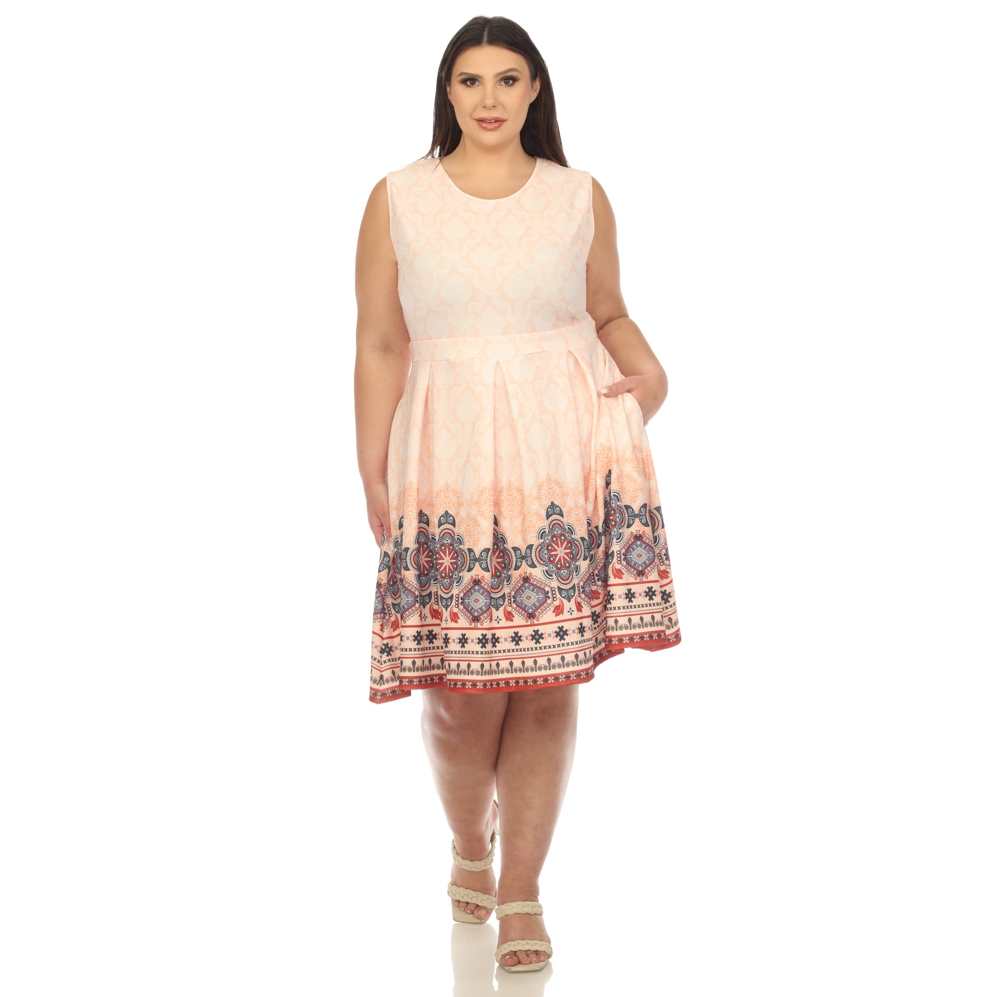 Orange Border Print Fit and Flare Knee Length Dress - Plus Orange Border Print Fit and Flare Knee Length Dress - Plus