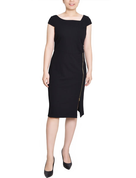 black dress zipper front Black V Neck Zipper Front Smocked Waist Midi Dress *FINAL SALE*