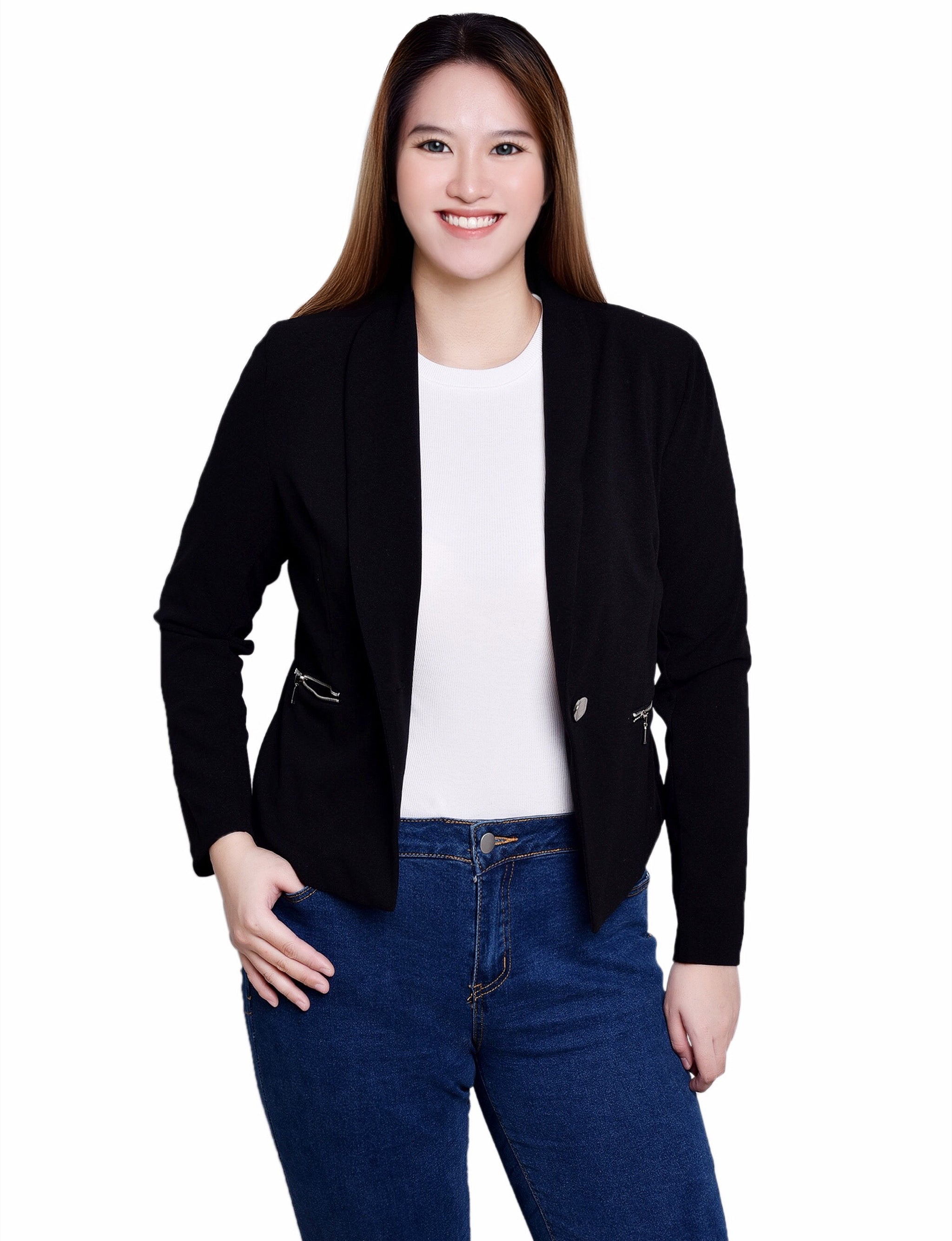 Cropped Long Sleeve Crepe Jacket, Petite