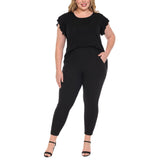 Plus Size Flutter Sleeve Top and Scuba Pants Set - Black - Plus