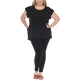 Plus Size Flutter Sleeve Top and Scuba Pants Set - Black - Plus