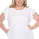 Plus Size Flutter Sleeve Top and Scuba Pants Set - White - Plus