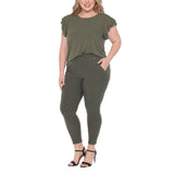 Plus Size Flutter Sleeve Top and Scuba Pants Set - Olive - Plus