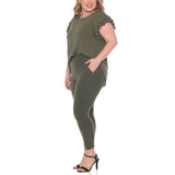 Plus Size Flutter Sleeve Top and Scuba Pants Set - Olive - Plus