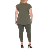 Plus Size Flutter Sleeve Top and Scuba Pants Set - Olive - Plus