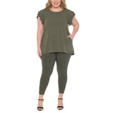 Plus Size Flutter Sleeve Top and Scuba Pants Set - Olive - Plus