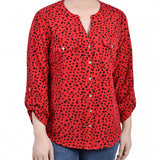 Red 3/4 Roll Tab Sleeve Mandarin Collar Blouse - Petite