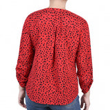 Red 3/4 Roll Tab Sleeve Mandarin Collar Blouse - Petite