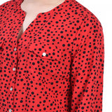 Red 3/4 Roll Tab Sleeve Mandarin Collar Blouse - Petite