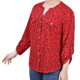 Red 3/4 Roll Tab Sleeve Mandarin Collar Blouse - Petite
