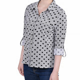 Black White Abstract Dot 3/4 Roll Tab Blouse With Pockets - Petite