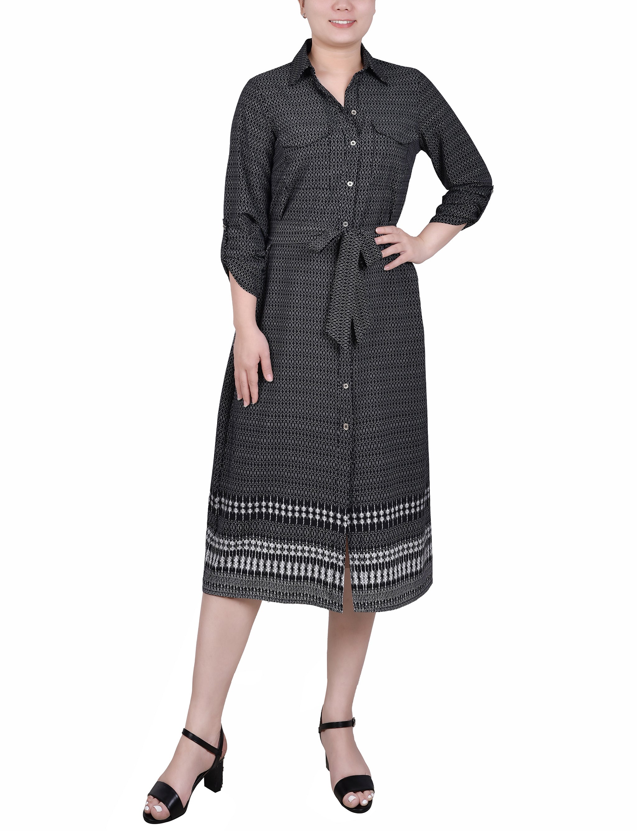 NY Collection 3/4 Roll Tab Sleeve Belted Shirtdress - Petite