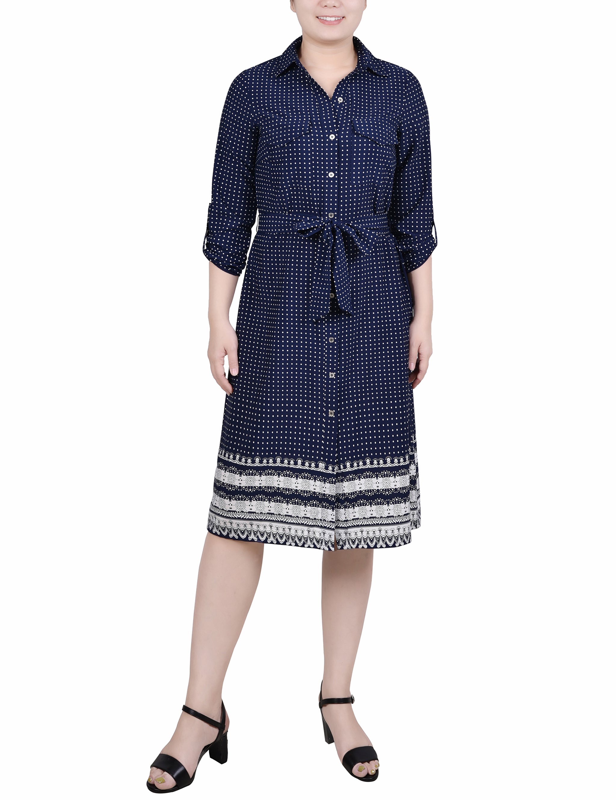 NY Collection 3/4 Roll Tab Sleeve Belted Shirtdress - Petite - DressbarnShirt Dresses