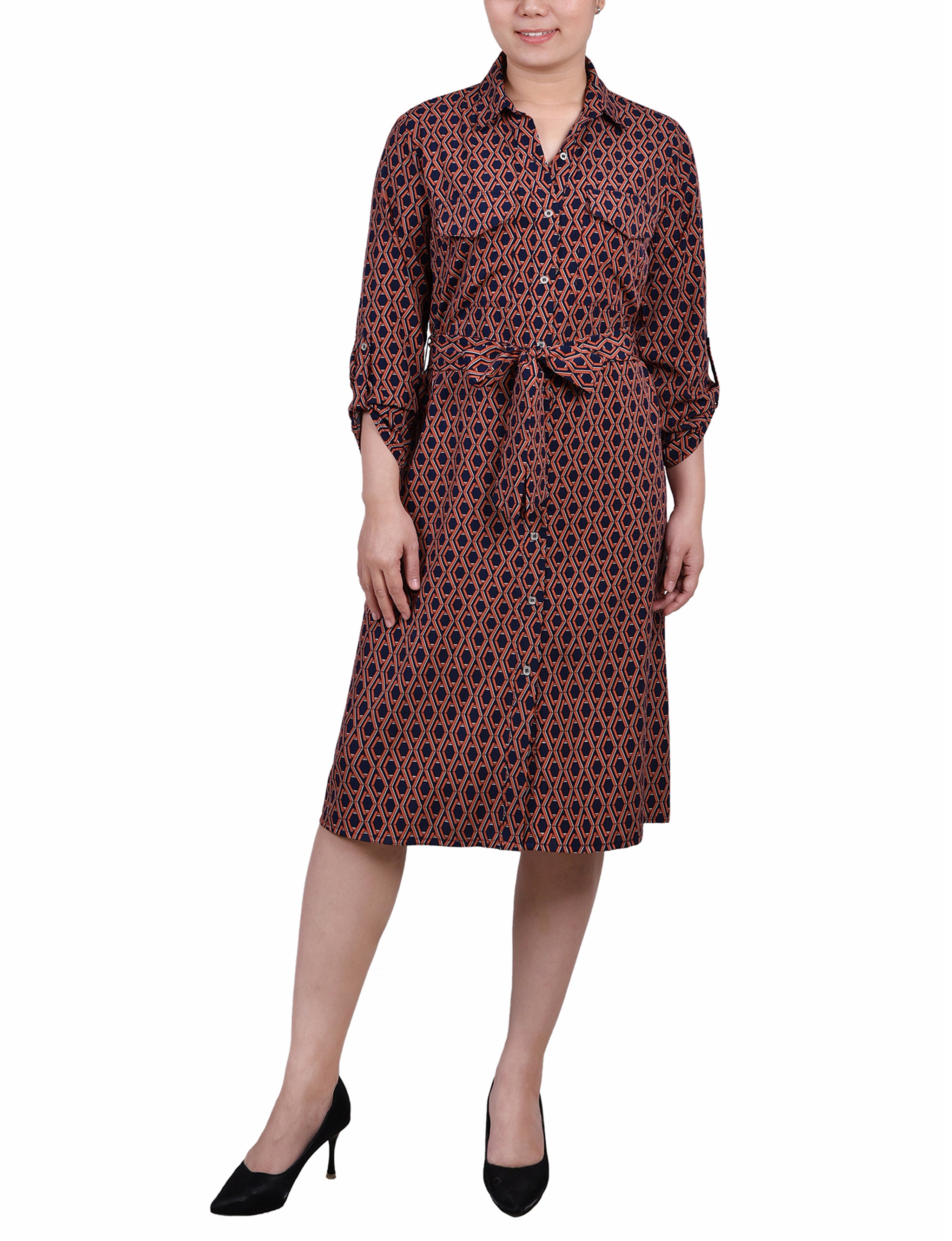 NY Collection 3/4 Roll Tab Sleeve Belted Shirtdress - Petite - DressbarnShirt Dresses