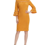 Long Bell Sleeve Midi Dress with Contrast Striping, Petite