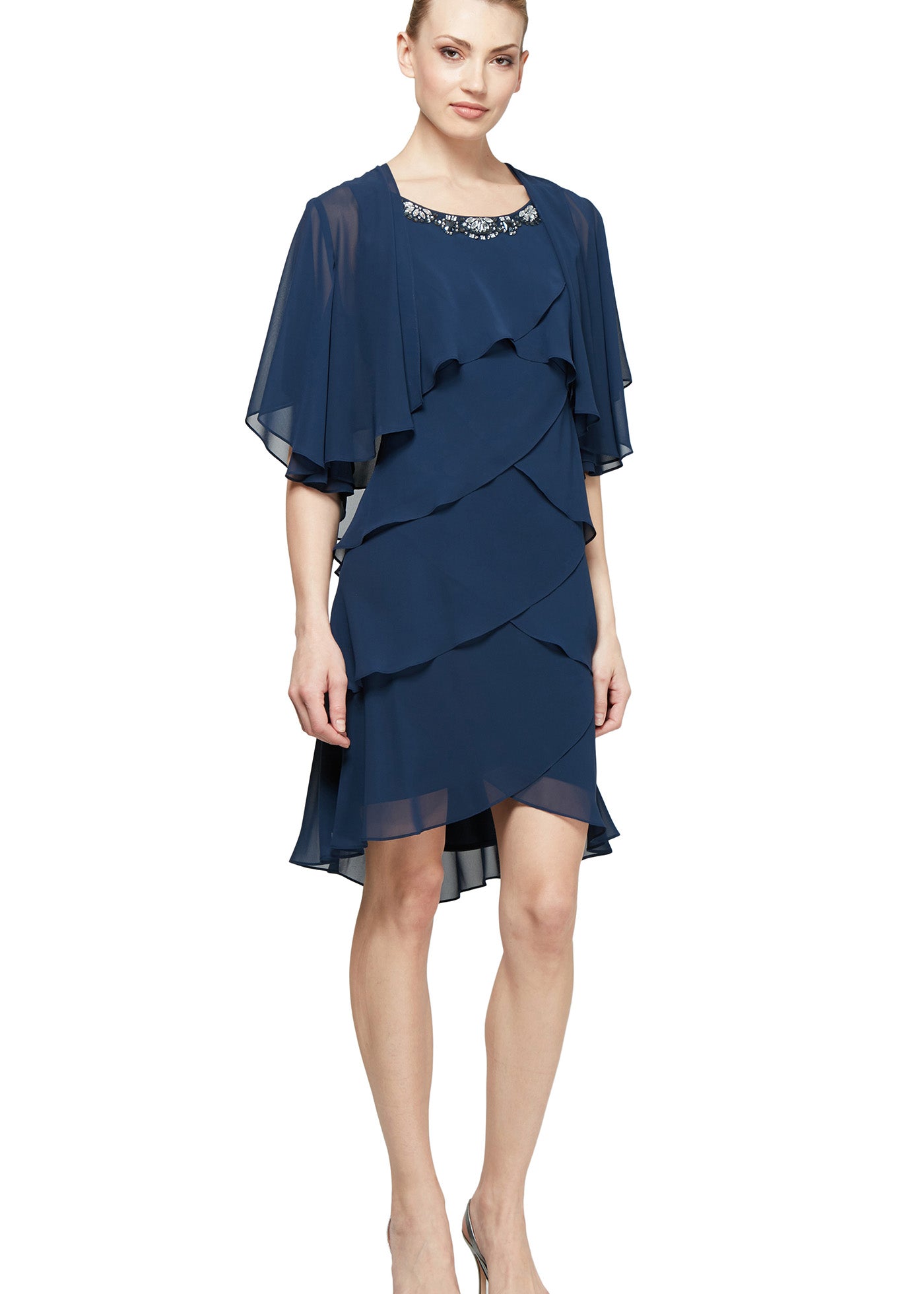 Tiered Chiffon Jacket Dress with Beaded Neck Detail - Navy - Plus Tiered Chiffon Jacket Dress with Beaded Neck Detail - Navy - Plus