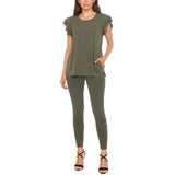Women's Flutter Sleeve Top and Scuba Pants Set - Olive