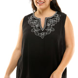 Sleeveless Embroidered Yoke Split Neck Blouse in Black - Plus