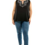 Sleeveless Embroidered Yoke Split Neck Blouse in Black - Plus
