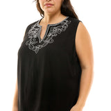 Sleeveless Embroidered Yoke Split Neck Blouse in Black - Plus