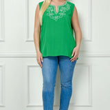 Sleeveless Embroidered Yoke Split Neck Blouse in Kelly Green - Plus