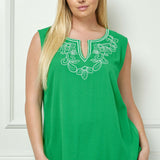 Sleeveless Embroidered Yoke Split Neck Blouse in Kelly Green - Plus
