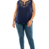 Sleeveless Embroidered Yoke Split Neck Blouse in Navy - Plus