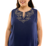 Sleeveless Embroidered Yoke Split Neck Blouse in Navy - Plus