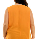 Sleeveless Embroidered Yoke Split Neck Blouse in Orange - Plus