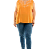 Sleeveless Embroidered Yoke Split Neck Blouse in Orange - Plus