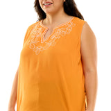 Sleeveless Embroidered Yoke Split Neck Blouse in Orange - Plus
