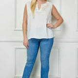 Sleeveless Embroidered Yoke Split Neck Blouse in White  - Plus